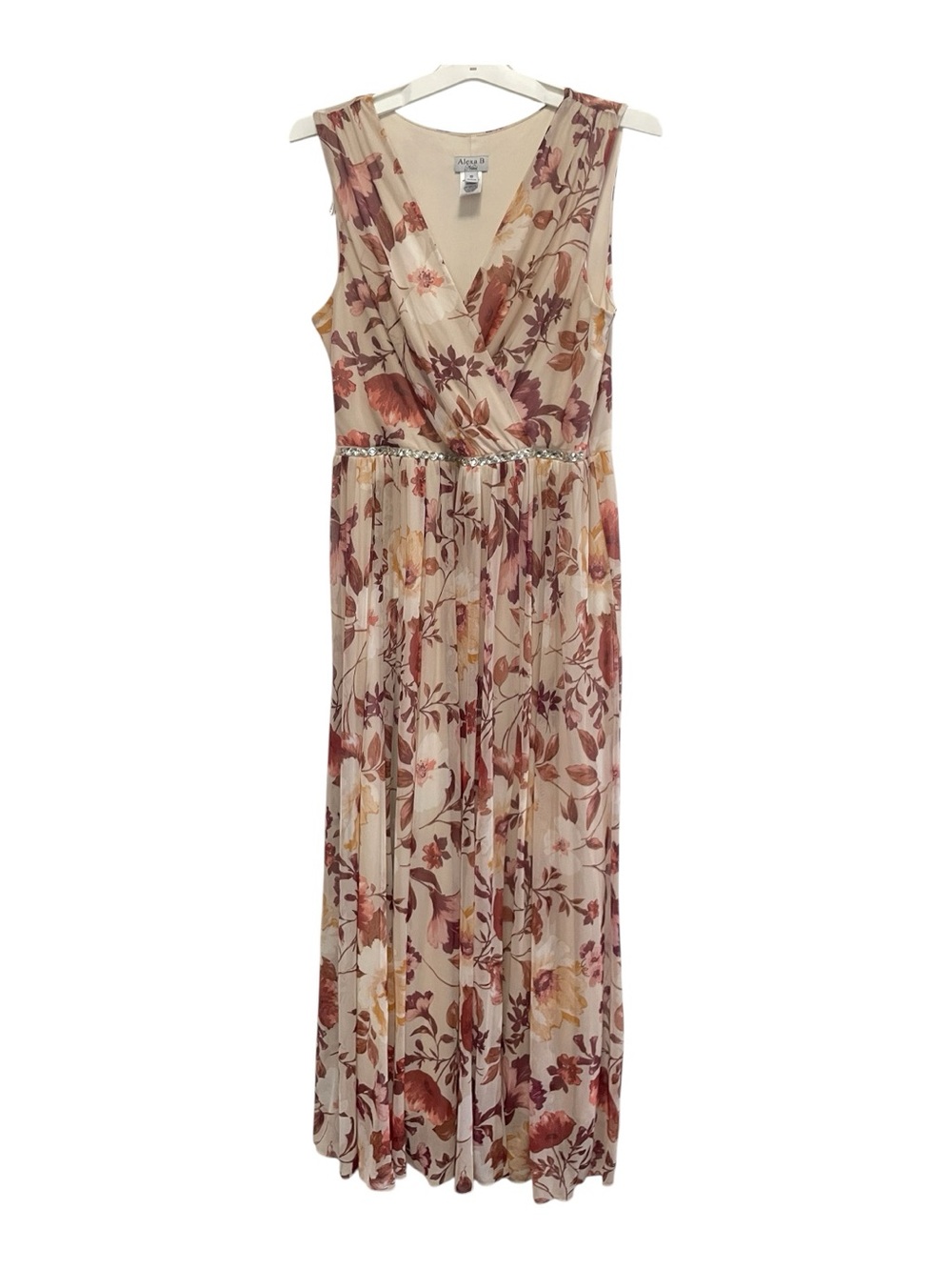 ALEXA B NITES 12 SLEEVELESS MAXI DRESS PINK BASE FLORAL AND RHINESTONE WAIST